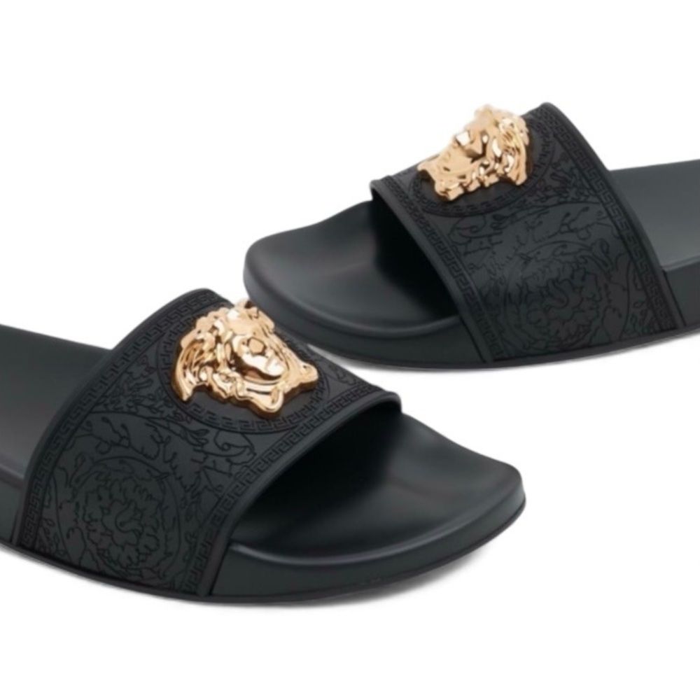 NIB Versace Women's Medusa Slide Sandals in Black/ Gold - Size 37